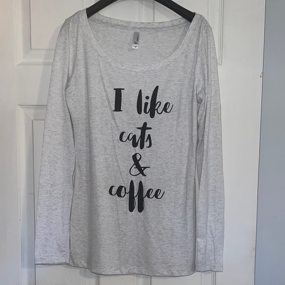 Next Level Light Gray Graphic “I Like Cats & Coffee Long Sleeve Shirt NWOT - Picture 3 of 13
